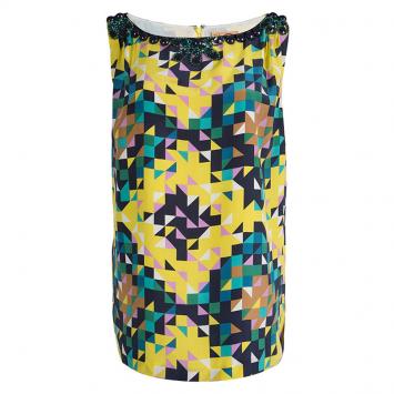 Pre Owned Tory Burch Multicolor Geometric Printed Silk Embellished Sleeveless Top XL