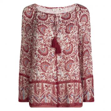 Pre Owned Tory Burch Red Floral Printed Silk Long Sleeve Top M