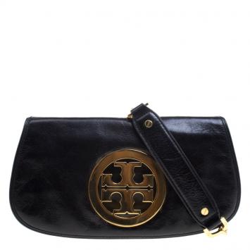 Pre Owned Tory Burch Black Leather Reva Logo Crossbody Bag