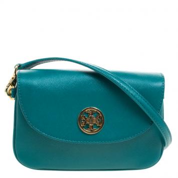 Pre Owned Tory Burch Turquoise Leather Double Gusset Crossbody Flap Bag