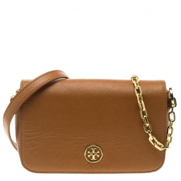 Pre Owned Tory Burch Brown Leather Mini Robinson Chain Shoulder Bag
