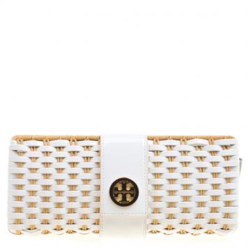 Pre Owned Tory Burch White/Brown Woven Patent Leather and Rattan Whicker Clutch