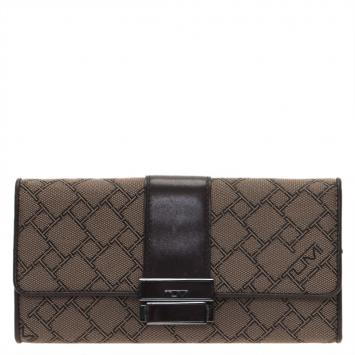 Pre Owned Tumi Brown Leather and Canvas Logo Continental Flap Wallet