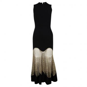 Pre Owned Alexander McQueen Black Wool Metallic Crochet Lace Insert Sleeveless Maxi Dress XS