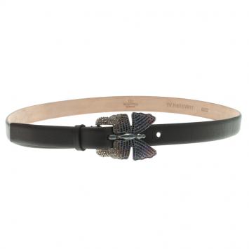 Pre Owned Valentino Black Leather Crystal Embellished Butterfly Buckle Belt 80 CM