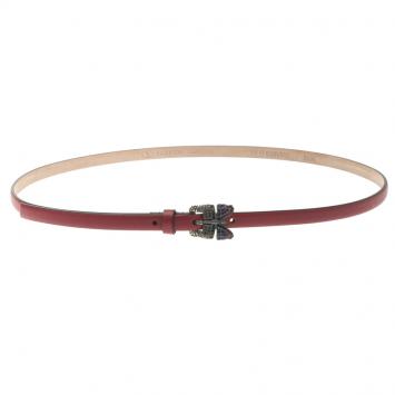 Pre Owned Valentino Burgundy Leather Crystal Embellished Butterfly Skinny Buckle Belt 85 CM