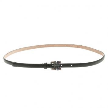 Pre Owned Valentino Black Leather Crystal Embellished Butterfly Skinny Buckle Belt 85 CM