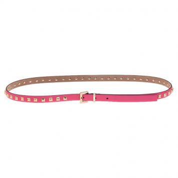 Pre Owned Valentino Neon Pink Leather Rockstud Skinny Belt 90CM