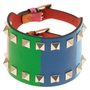 Pre Owned Valentino Rockstud Rainbow Leather Gold Tone Bracelet