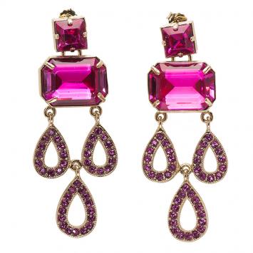 Pre Owned Valentino Pink Crystal Gold Tone Long Dangle Pierce Earrings