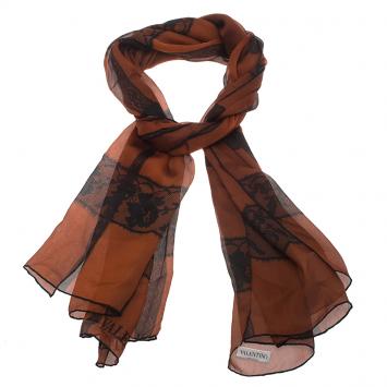 Pre Owned Valentino Brown Lace Print Silk Stole