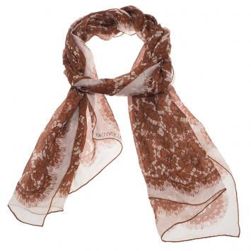 Pre Owned Valentino White and Brown Floral Lace Print Silk Stole