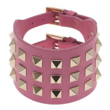 Pre Owned Valentino Rockstud Wide Pink Leather Gold Tone Bracelet
