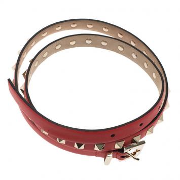 Pre Owned Valentino Sky Red Leather Studded Skinny Belt 75 CM
