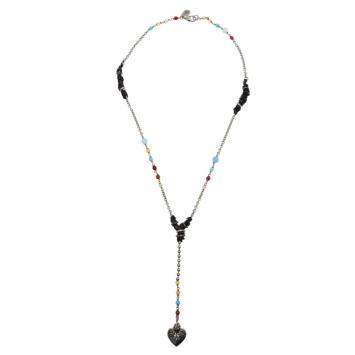 Pre Owned Valentino Multicolor Beads, Leather Trims and Silver Tone Heart Long Necklace