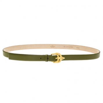 Pre Owned Valentino Military Green Leather Phoenix Buckle Belt 90 CM
