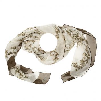 Pre Owned Valentino Olive Green & Cream Floral Printed Silk Scarf