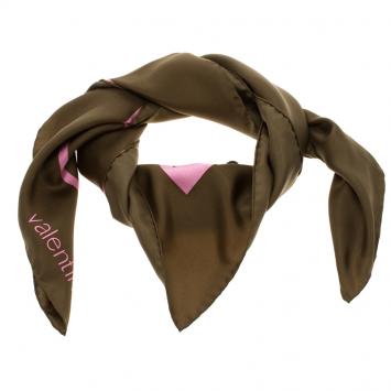 Pre Owned Valentino Pink And Olive Green Printed Silk 1970 Re-Edition Vintage Square Scarf