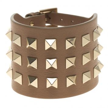 Pre Owned Valentino Rockstud Beige Leather Gold Tone Cuff Bracelet One Size
