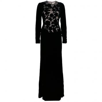 Pre Owned Valentino Black Floral Inset Velvet Gown M