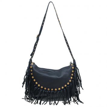Pre Owned Valentino Black Leather C Rockee Studded Fringe Hobo Bag