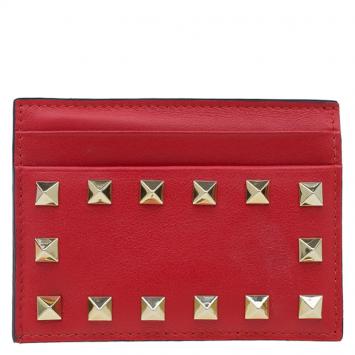 Pre Owned Valentino Red Leather Rockstud Card Holder 