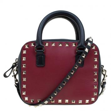 Pre Owned Valentino Red/Black Leather Mini Rockstud Top Handle Bag