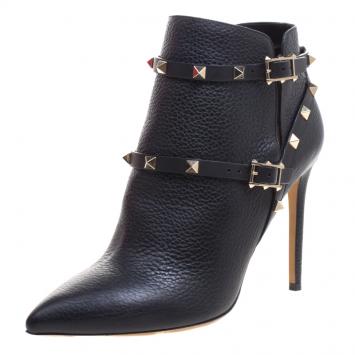 Pre Owned Valentino Black Leather Rockstud Pointed Toe Ankle Boots Size 40