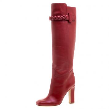 Pre Owned Valentino Red Leather Braided Applique Knee Boots Size 37