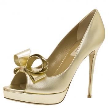 Pre Owned Valentino Gold Leather Couture Bow Peep Toe Platform Pumps Size 39.5