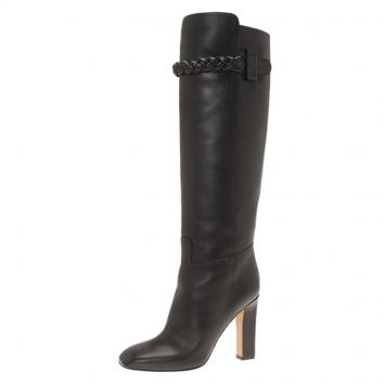 Pre Owned Valentino Black Leather Braided Over the Knee Boots Size 38.5
