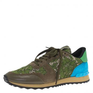 Pre Owned Valentino Olive Leather and Macramé Lace Sneakers Size 41