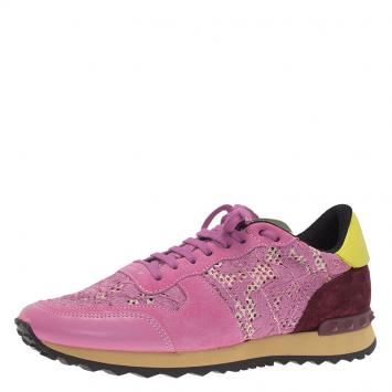 Pre Owned Valentino Pink Leather and Macramé Lace Sneakers Size 41