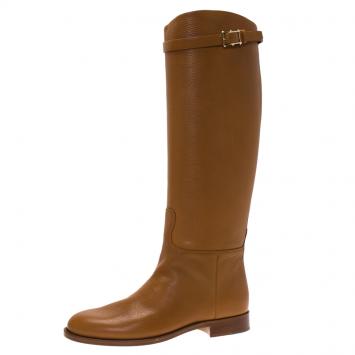 Pre Owned Valentino Brown Leather Rockstud Buckle Riding Knee Boots Size 40