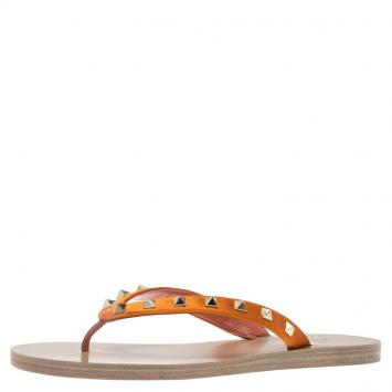 Pre Owned Valentino Orange Rockstud Satin Thong Sandals Size 40