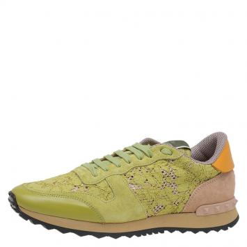 Pre Owned Valentino Lime Green Leather and Macramé Lace Sneakers Size 41