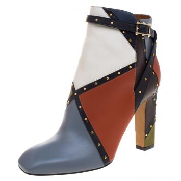 Pre Owned Valentino Multicolor Studded Paneled Leather Ankle Boots Size 40