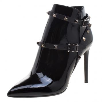Pre Owned Valentino Black Patent Leather Rockstud Ankle Boots Size 39