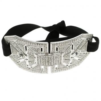 Pre Owned Valentino Crystal Embellished Silver Tone Black Ribbon Choker Necklace 