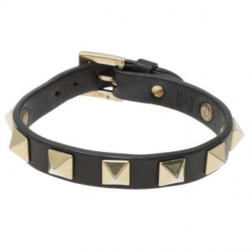 Pre Owned Valentino Rockstud Black Leather Bracelet