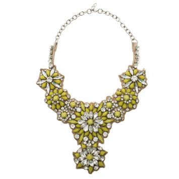 Pre Owned Valentino Fluoro Flowers Yellow Crystal and Satin Silver Tone Bib Necklace