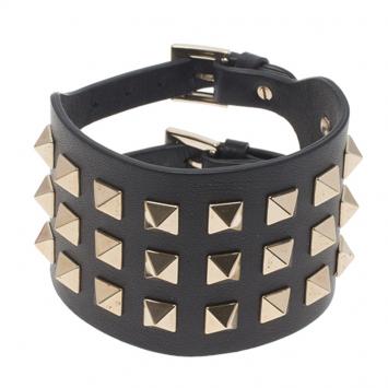 Pre Owned Valentino Rockstud Wide Black Leather Gold Tone Bracelet