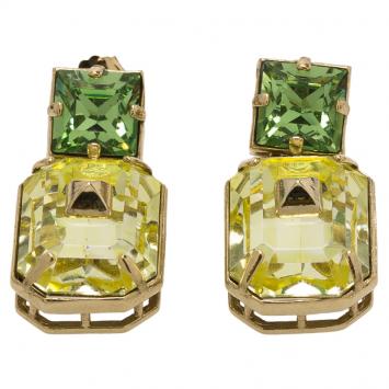 Pre Owned Valentino Yellow & Green Crystal Pyramid Gold Tone Dangle Earrings