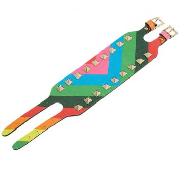 Pre Owned Valentino Rockstud Rainbow Leather Gold Tone Cuff Bracelet