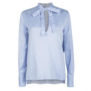 Pre Owned Valentino Blue Cotton Chambray Neck Tie Detail Long Sleeve Blouse M