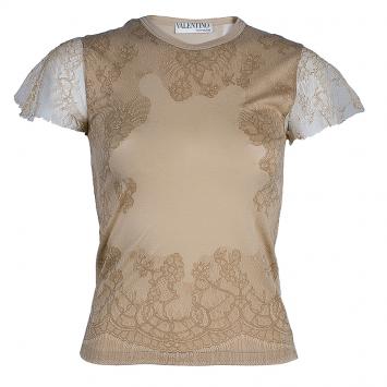 Pre Owned Valentino Beige Lace Print Cotton Top XS