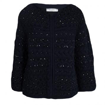 Pre Owned Valentino Navy Blue Fleece Wool Crystal Embellished Jacket S