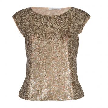 Pre Owned Valentino Gold All-Over Sequin Embellished Sleeveless Top M
