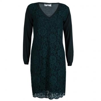 Pre Owned Valentino Dark Green Lace Overlay Knit Dress M