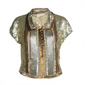 Pre Owned Valentino Gold All Over Embellished Cap Sleeve Crop Top L